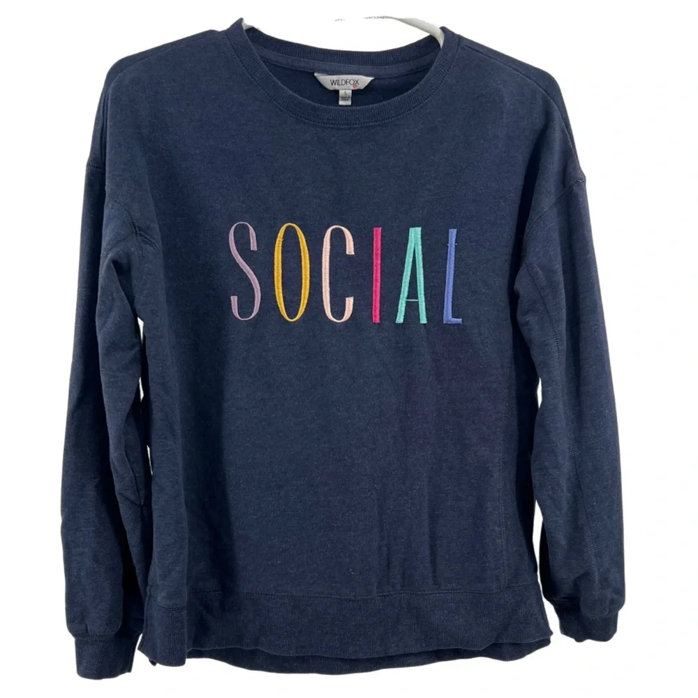 Wildfox Social embroidered navy pullover sweatshirt S casual fall winter cotton